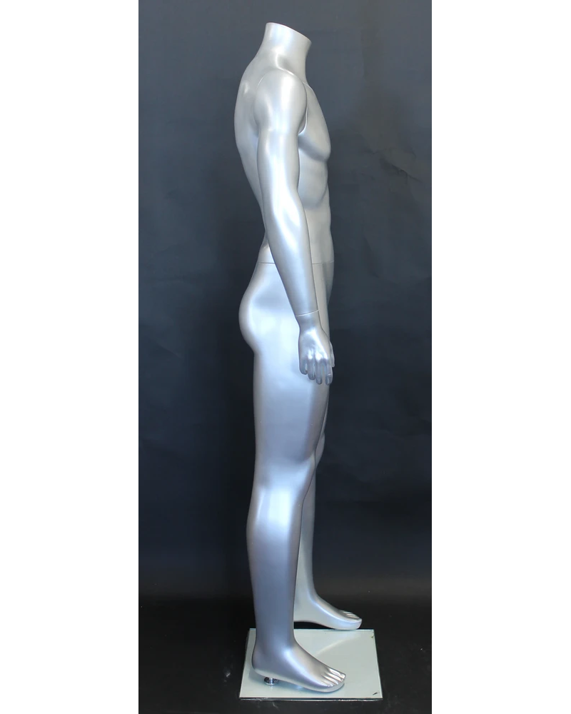 Arms-at-sides headless male mannequin in matte silver, STM001-ST