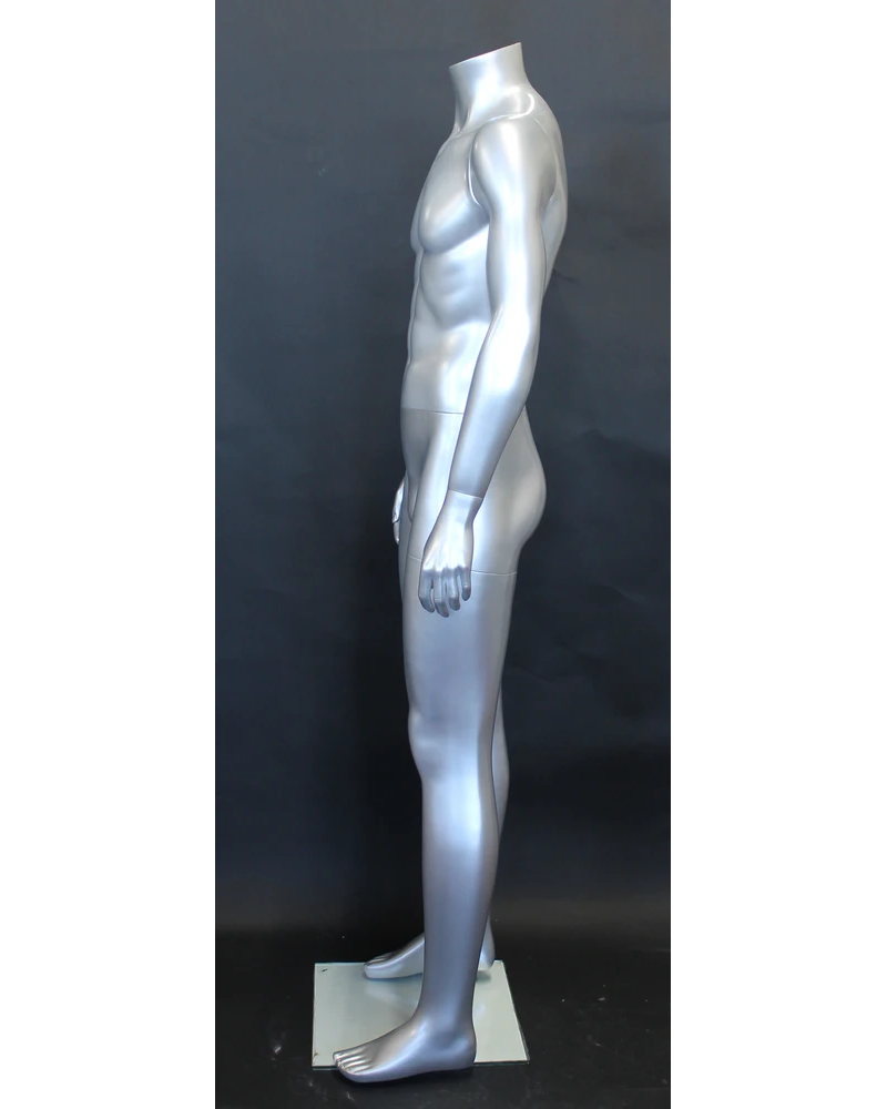 Arms-at-sides headless male mannequin in matte silver, STM001-ST
