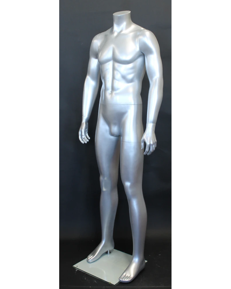 Arms-at-sides headless male mannequin in matte silver, STM001-ST