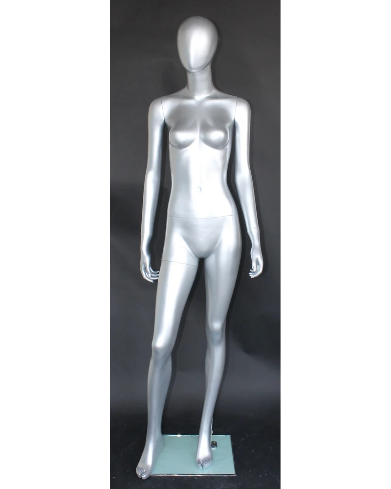 Walking-pose egghead female mannequin in matte silver, size 2, SFW46E-ST