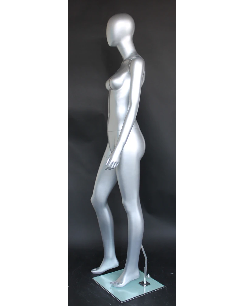 Walking-pose egghead female mannequin in matte silver, size 2, SFW46E-ST
