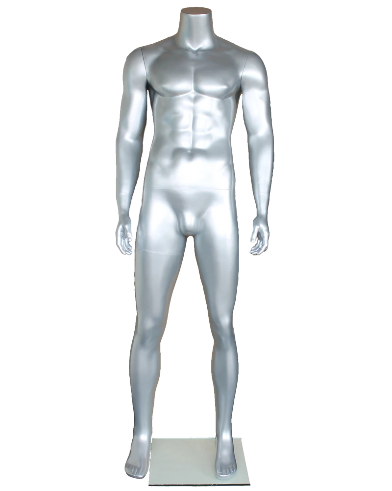 Compact muscular headless male mannequin in matte silver, STM051-ST