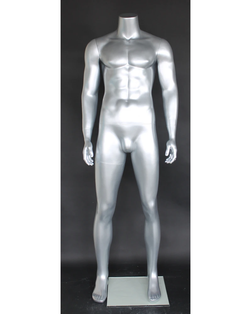 Compact muscular headless male mannequin in matte silver, STM051-ST