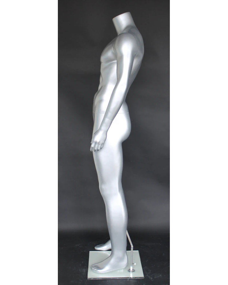 Compact muscular headless male mannequin in matte silver, STM051-ST