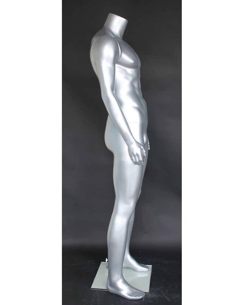 Compact muscular headless male mannequin in matte silver, STM051-ST