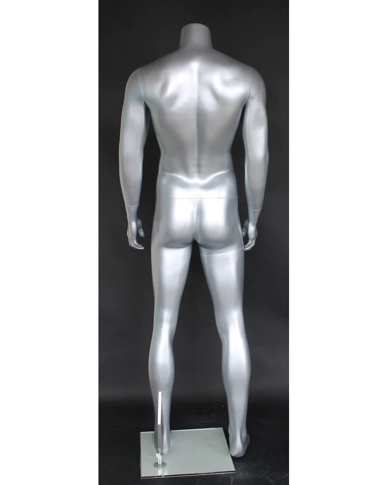 Compact muscular headless male mannequin in matte silver, STM051-ST