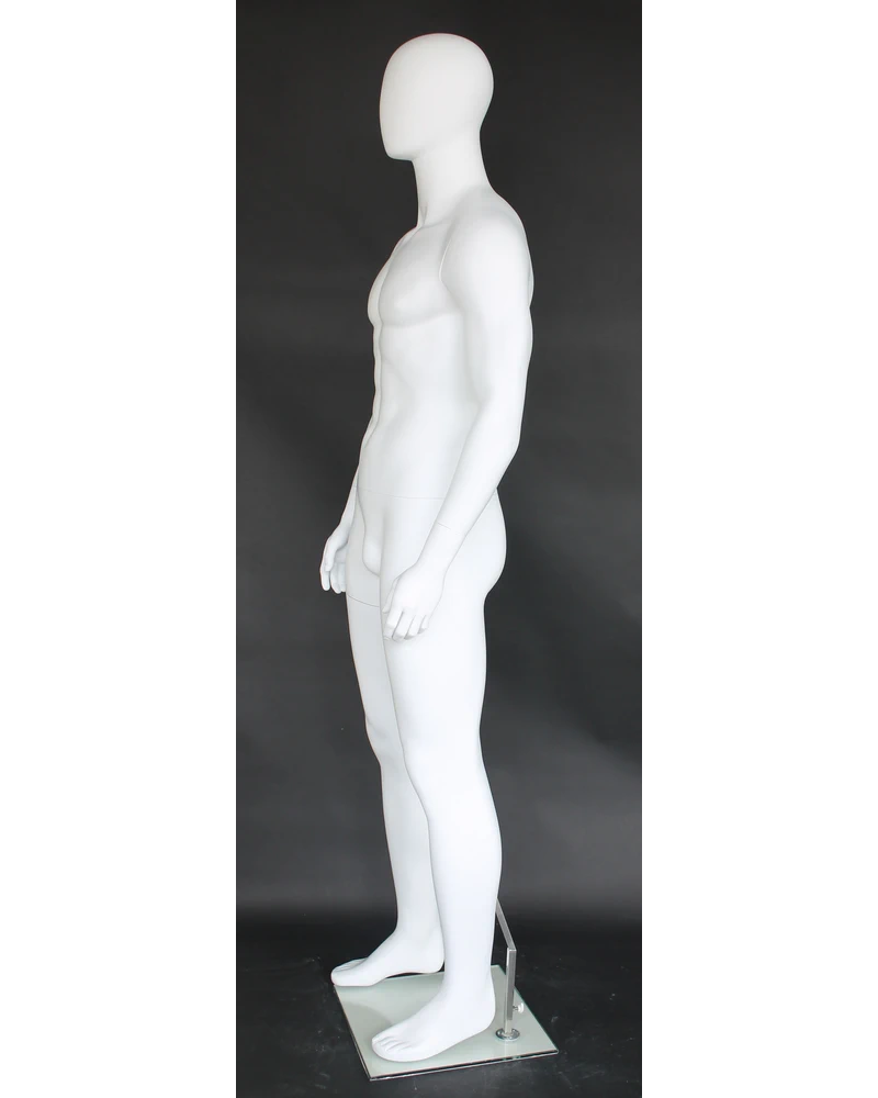 Muscular arms-at-sides egghead male mannequin in matte white, SFM69E-WT