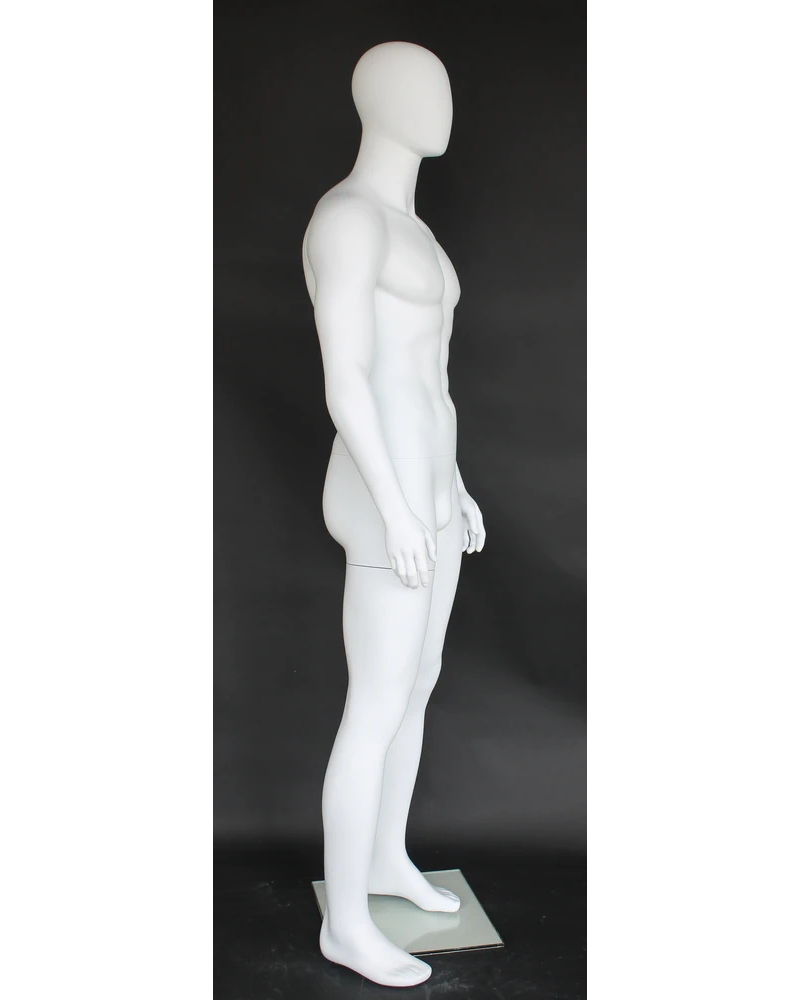 Muscular arms-at-sides egghead male mannequin in matte white, SFM69E-WT