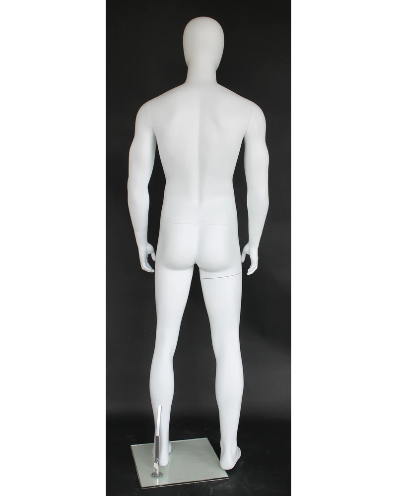 Muscular arms-at-sides egghead male mannequin in matte white, SFM69E-WT