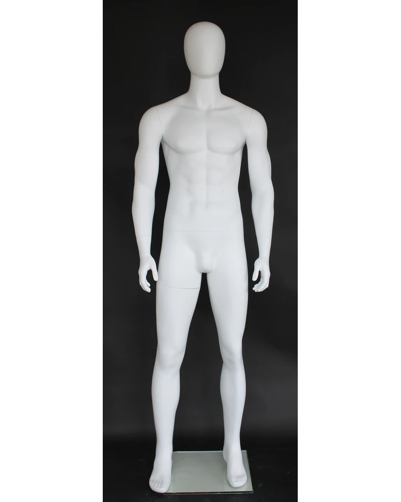 Muscular arms-at-sides egghead male mannequin in matte white, SFM69E-WT