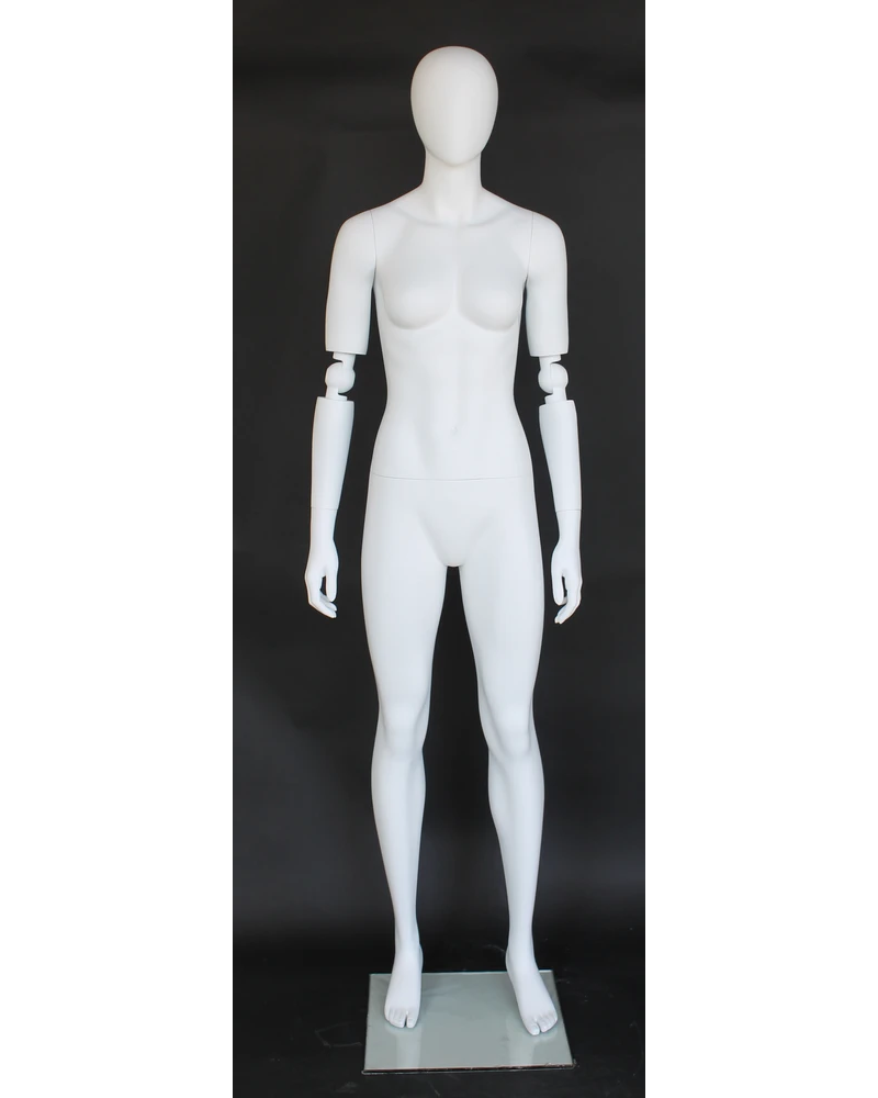 Bendable-arm standing egghead female mannequin in matte white, SFW38E-WT