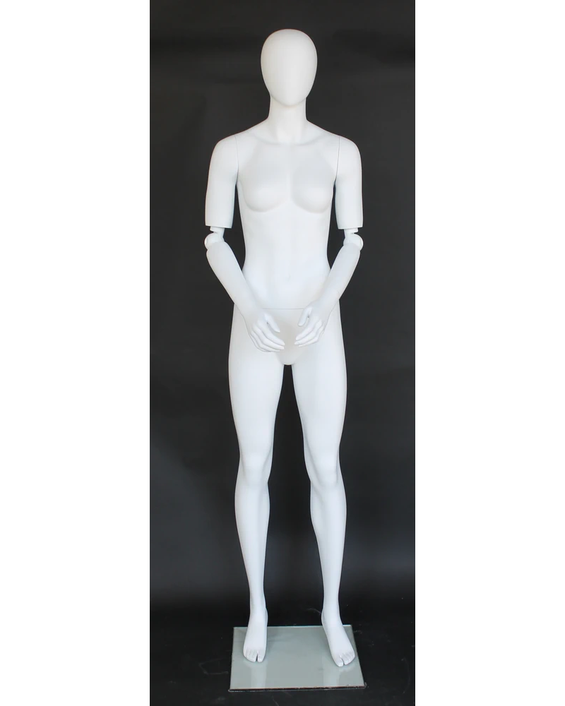 Bendable-arm standing egghead female mannequin in matte white, SFW38E-WT