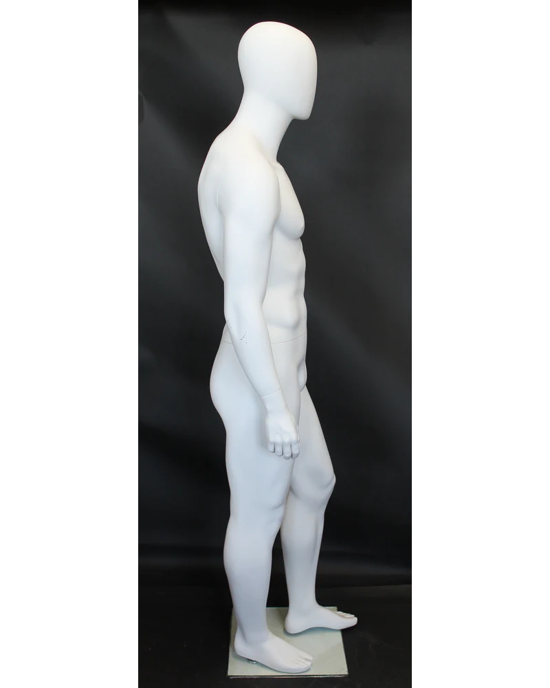 Athletic walking-pose egghead male mannequin in matte white, SFM21E-WT