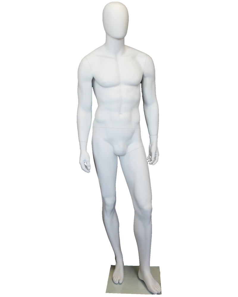 Athletic walking-pose egghead male mannequin in matte white, SFM21E-WT