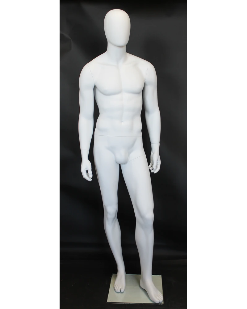 Athletic walking-pose egghead male mannequin in matte white, SFM21E-WT