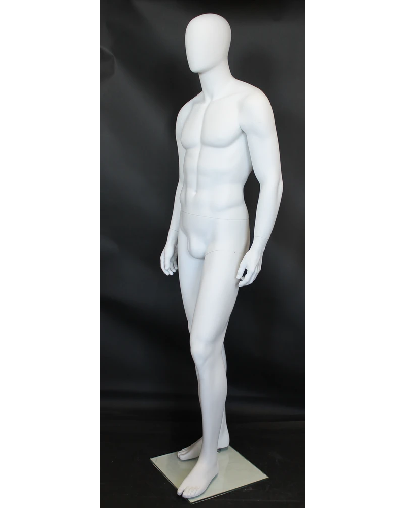 Athletic walking-pose egghead male mannequin in matte white, SFM21E-WT