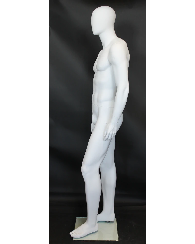 Athletic walking-pose egghead male mannequin in matte white, SFM21E-WT