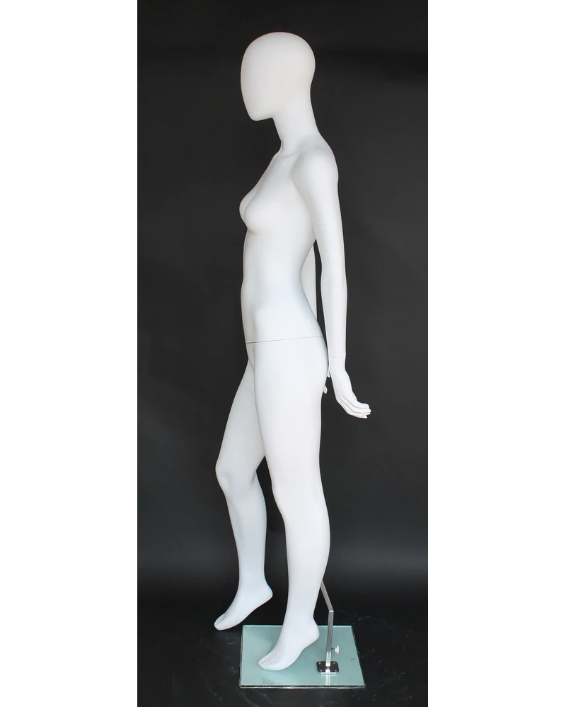 Hands-behind-back egghead female mannequin in matte white