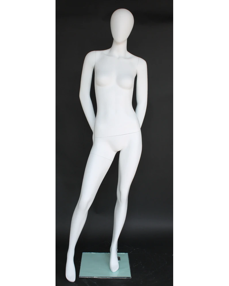 Hands-behind-back egghead female mannequin in matte white