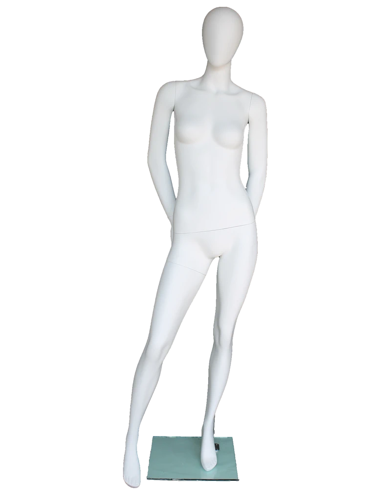 Hands-behind-back egghead female mannequin in matte white, front view