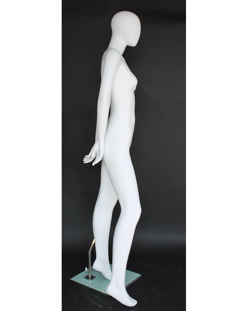 Hands-behind-back egghead female mannequin in matte white