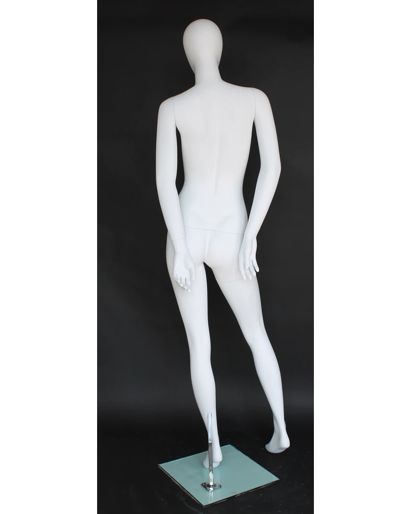 Hands-behind-back egghead female mannequin in matte white