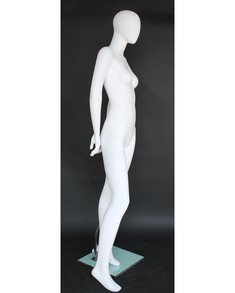 Hands-behind-back egghead female mannequin in matte white