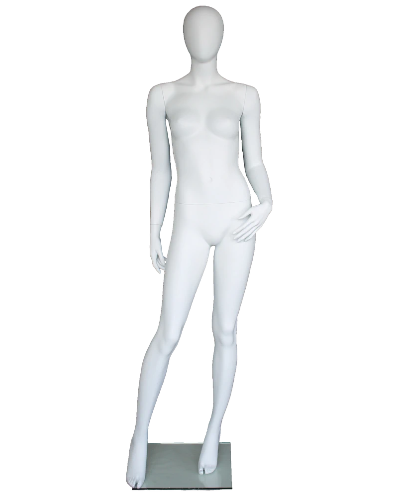 Hand-on-thigh asymmetrical egghead female mannequin in matte white, front view