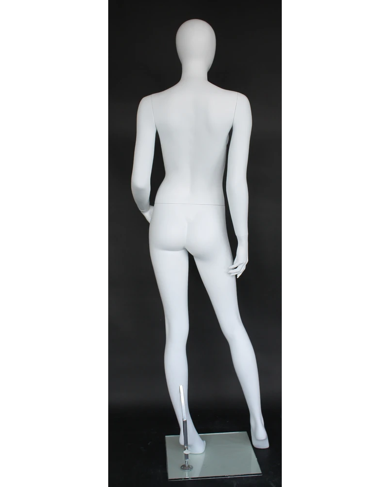 Hand-on-thigh asymmetrical egghead female mannequin in matte white