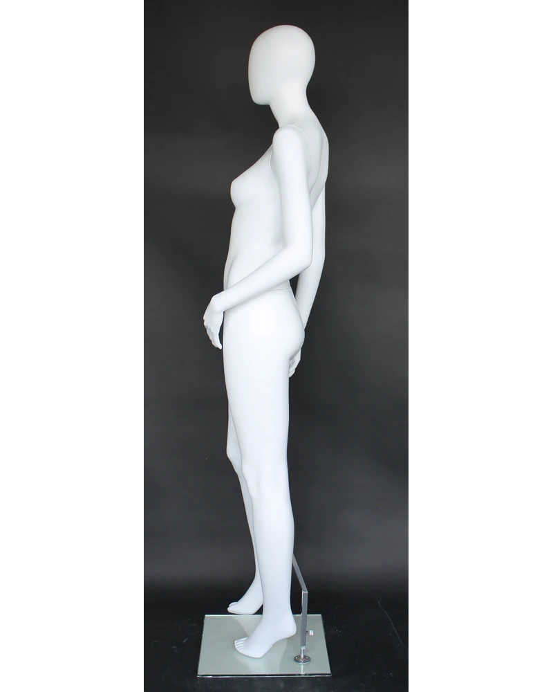 Hand-on-thigh asymmetrical egghead female mannequin in matte white