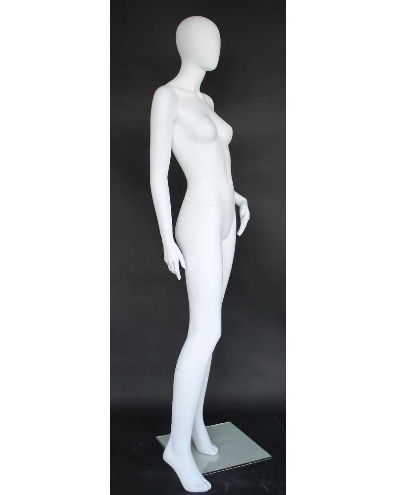 Hand-on-thigh asymmetrical egghead female mannequin in matte white