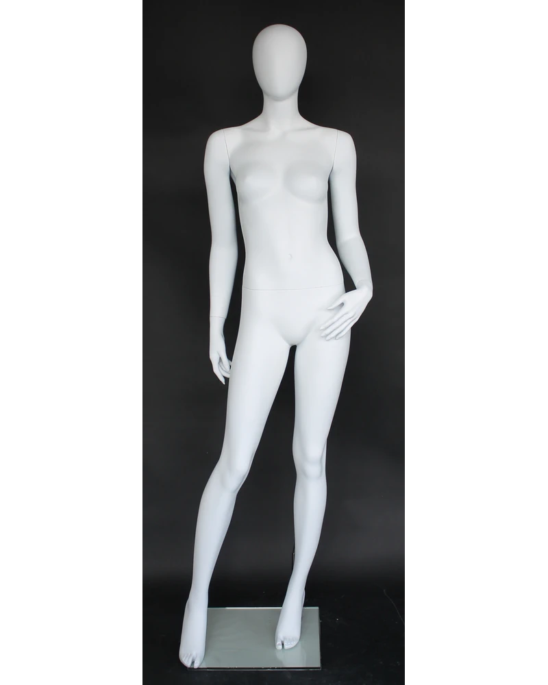 Hand-on-thigh asymmetrical egghead female mannequin in matte white