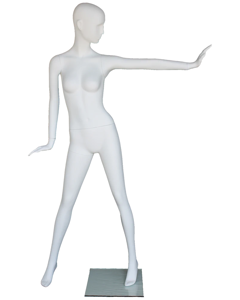 Extended-arm abstract female mannequin in matte white, front view