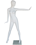 Extended-arm abstract female mannequin in matte white, front view