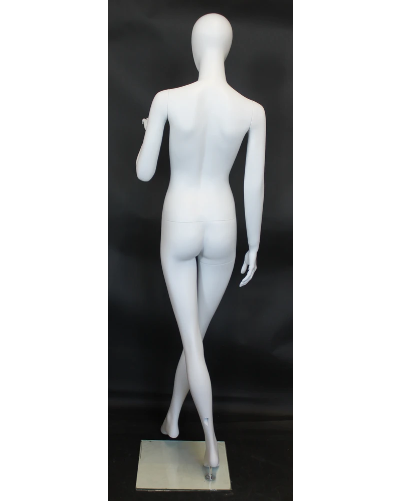 Crossed-leg egghead female mannequin in matte white
