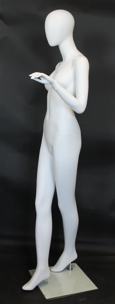 Crossed-leg egghead female mannequin in matte white