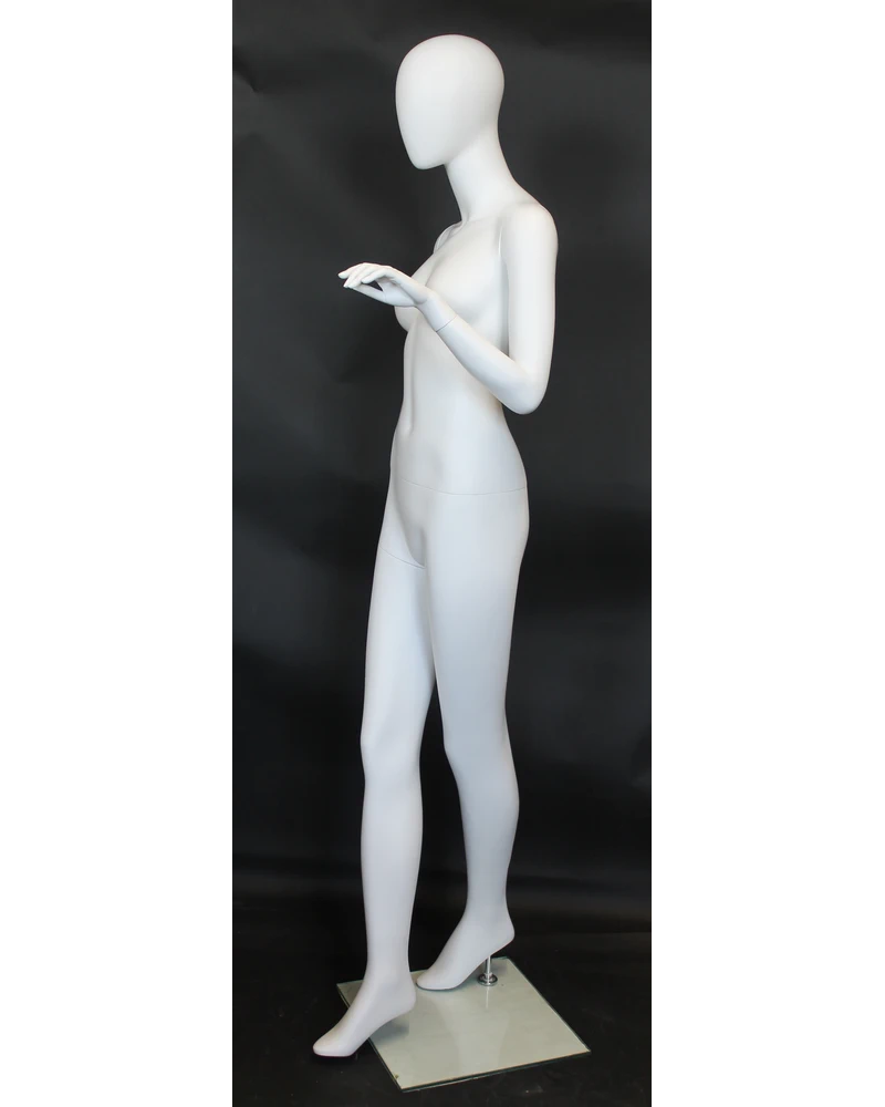 Crossed-leg egghead female mannequin in matte white