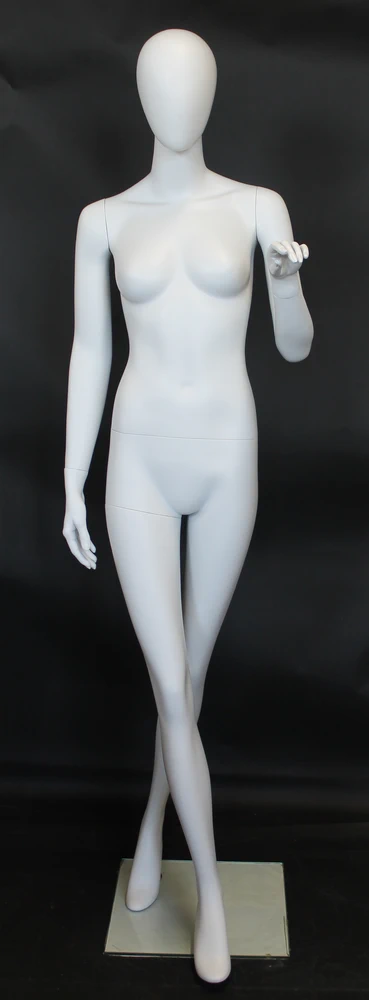 Crossed-leg egghead female mannequin in matte white