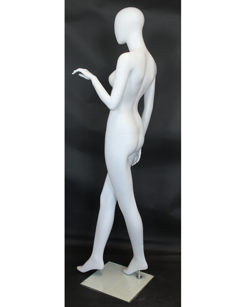 Crossed-leg egghead female mannequin in matte white