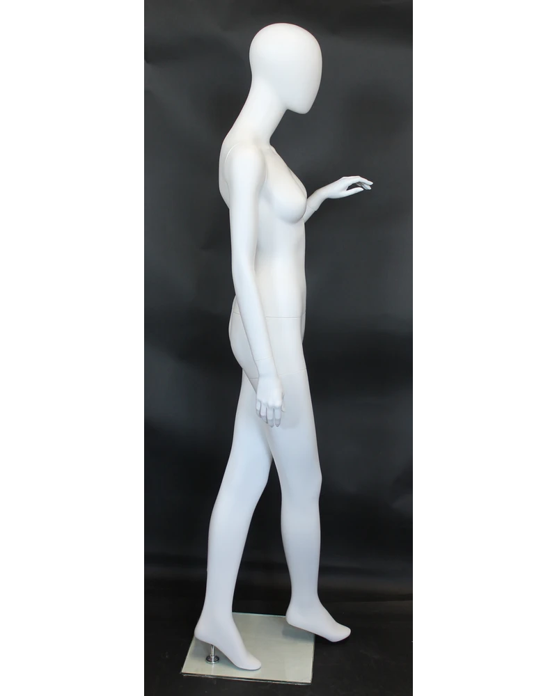 Crossed-leg egghead female mannequin in matte white