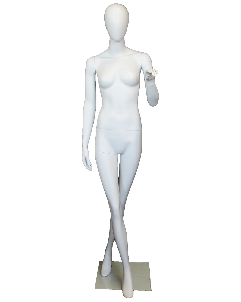 Crossed-leg egghead female mannequin in matte white, front view