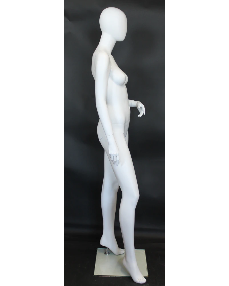 Bent-left-arm egghead female mannequin in matte white