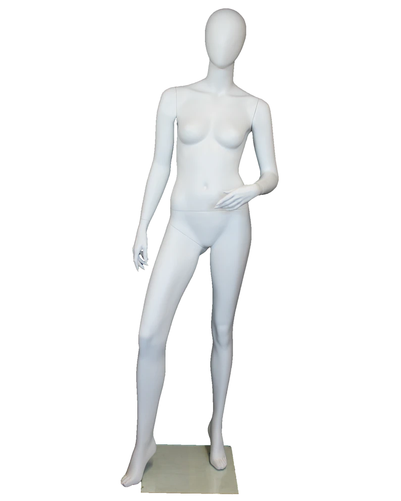 Bent-left-arm egghead female mannequin in matte white, front view