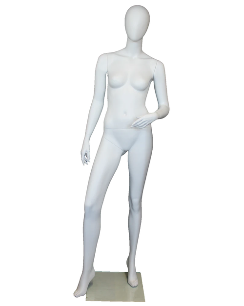 Bent-left-arm egghead female mannequin in matte white, front view