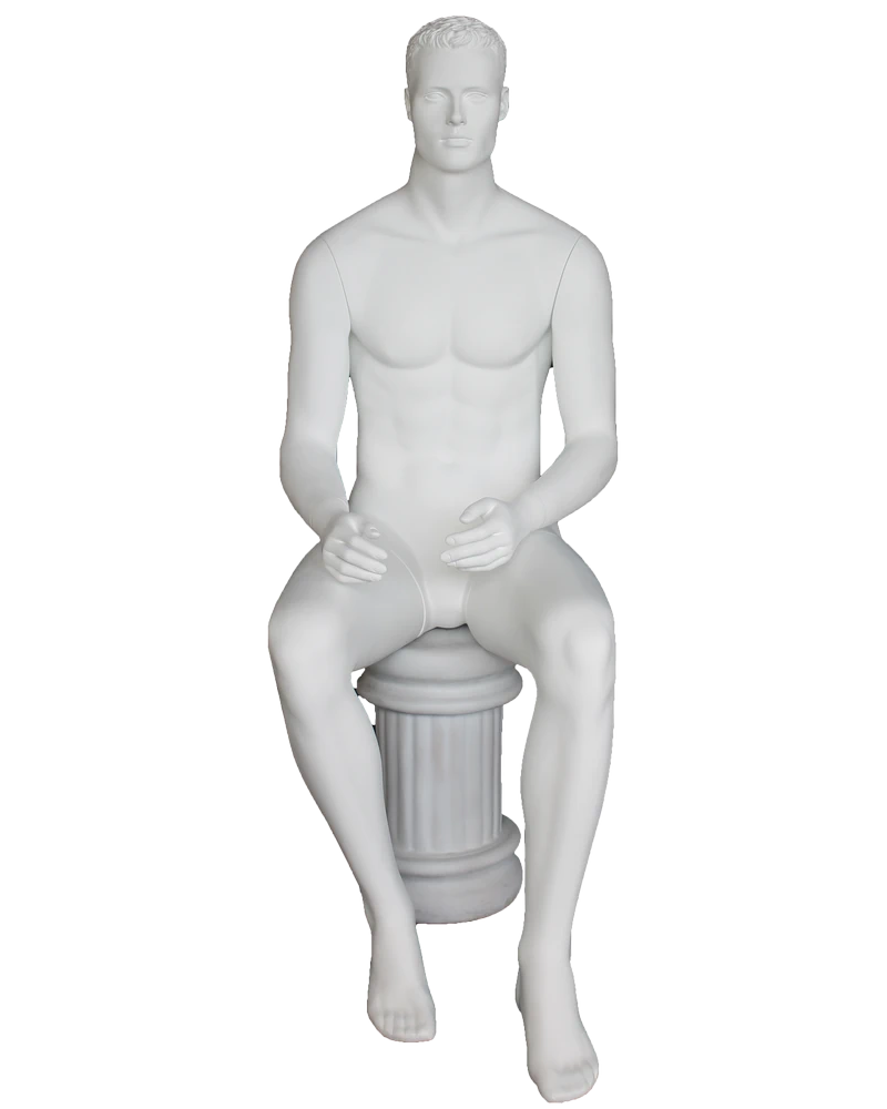 Seated featured-face male mannequin with molded hair in matte white, SFM8-WT