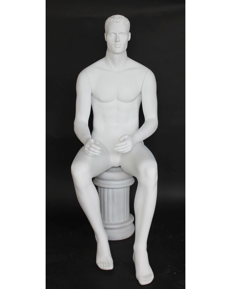 Seated featured-face male mannequin with molded hair in matte white, SFM8-WT
