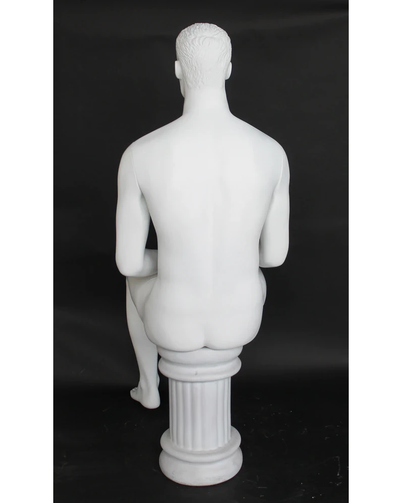 Seated featured-face male mannequin with molded hair in matte white, SFM8-WT