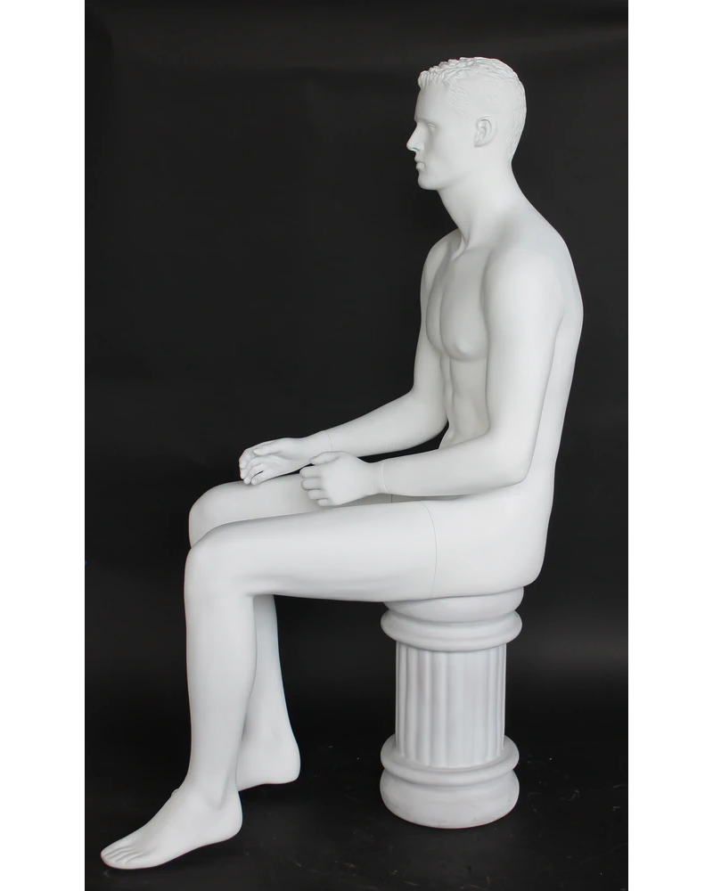 Seated featured-face male mannequin with molded hair in matte white, SFM8-WT