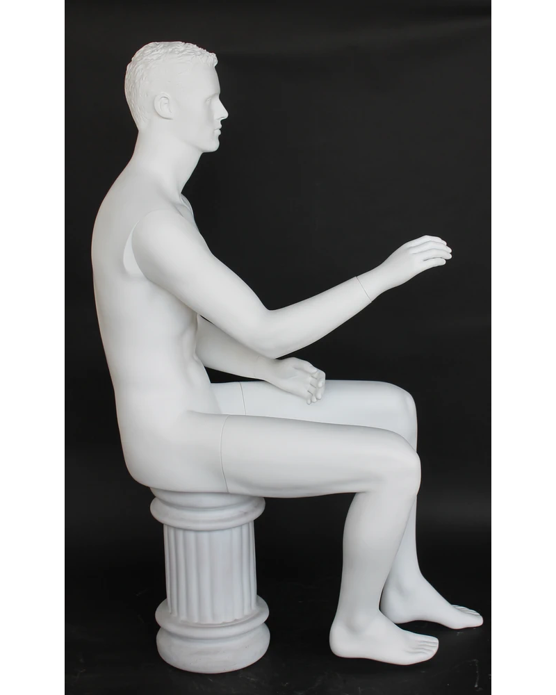 Seated featured-face male mannequin with molded hair in matte white, SFM8-WT