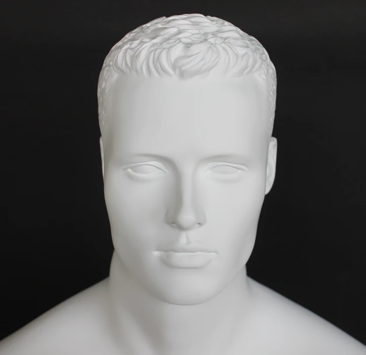 Seated featured-face male mannequin with molded hair in matte white, SFM8-WT